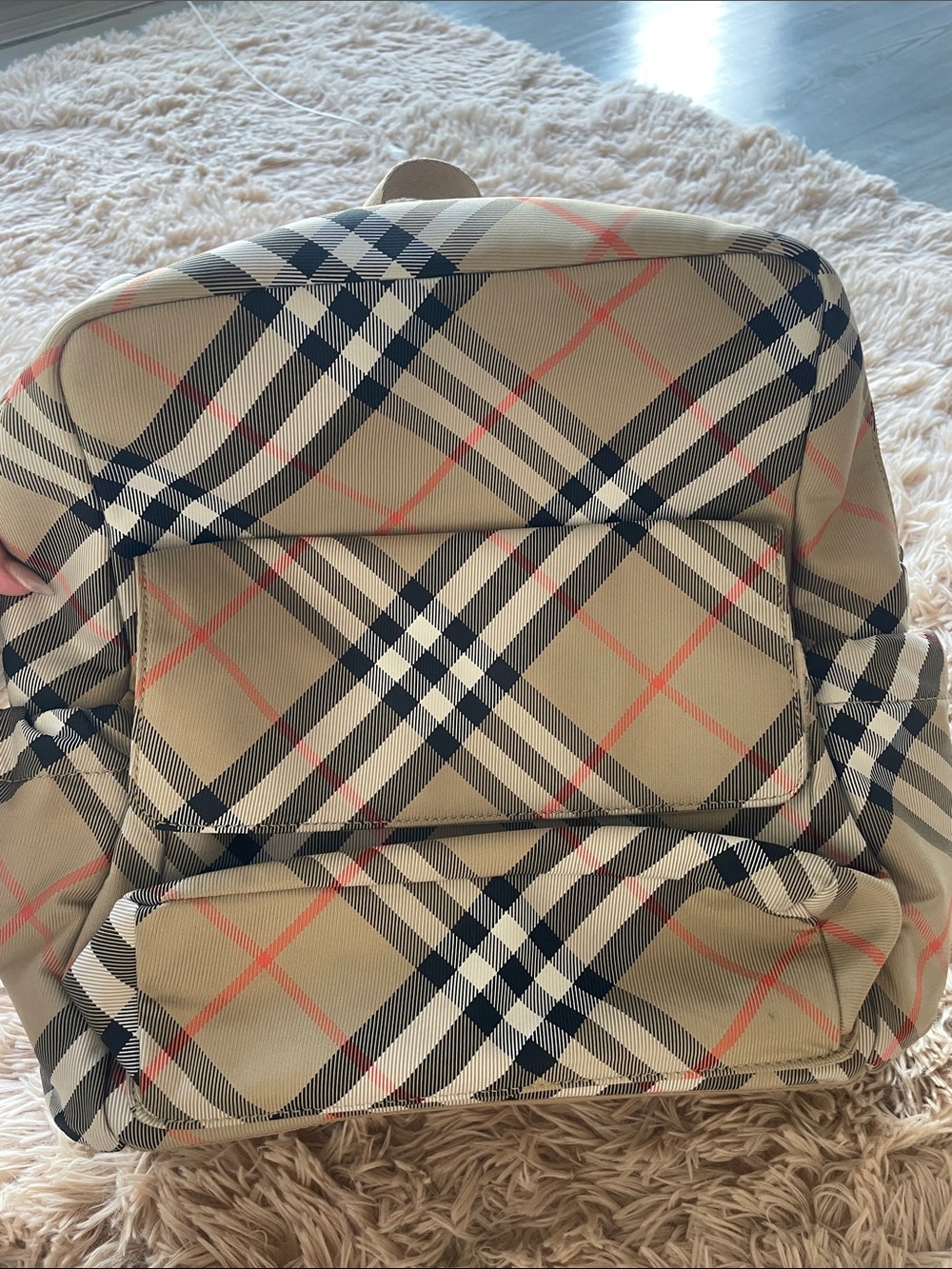 Burberry Beige Check Backpack with Navy and Coral Accents